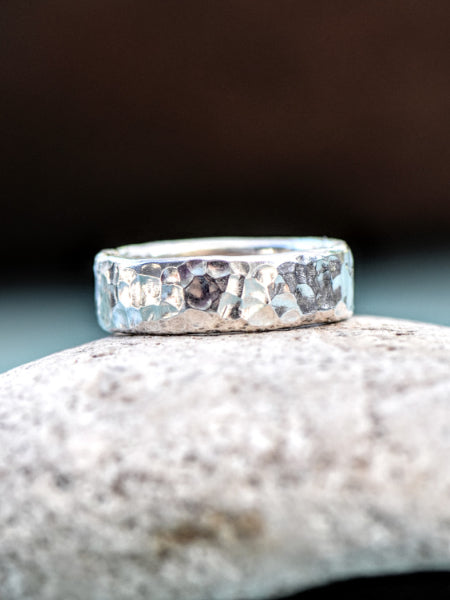 Sterling silver memorial ring with hammered finish
