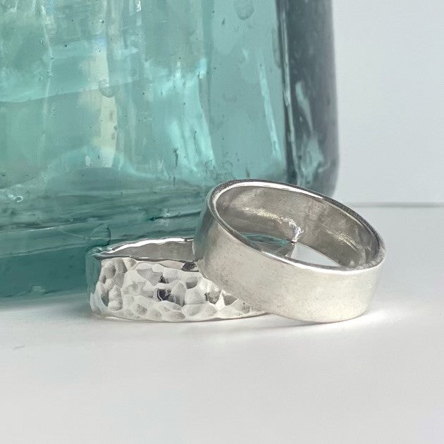 Sterling Silver Cremation rings by Inspire Memorials.  Each ring is hand made.  Shown here swith a hammered or brushed finish.