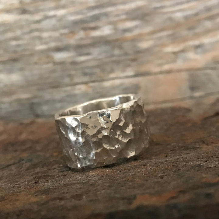 Extra wide silver cremation ring with hammered finish